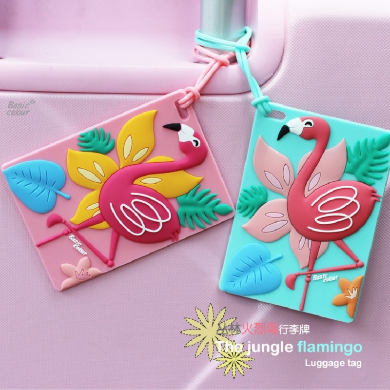 Super !! Etiqueta de silicone para bagagem com desenhos de animais flamingo, etiqueta para malas, acessório de viagem, suporte de endereço de identificação