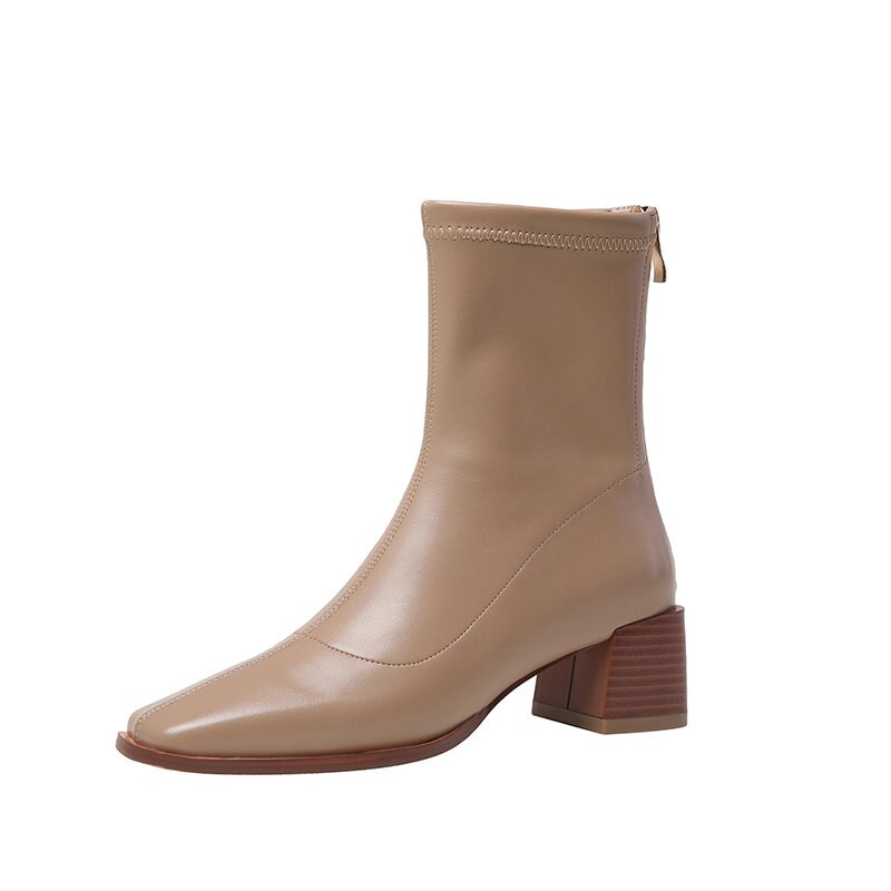 QUTAA PU Leder Herbst Winter Stiefeletten Karree Reißverschluss Damen Pumpen Platz hoch Hacke prägnant Frauen Schuhe Größe 34-39: Luose / 3