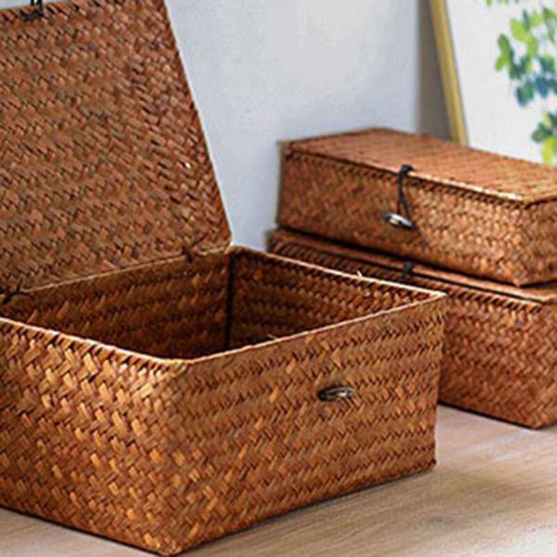 Woven Straw Storage Bins with Lid Set of 4 Rectangular Seagrass Basket Storage Basket for Shelf Organizer