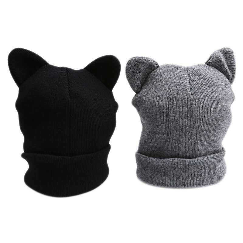 Outdoor Running Kat Oren Gebreide Muts Mooie Grappige Winter Sport Warm Beanie Hoed Voor Vrouwen Wol Cap Hoed Grijs zwart