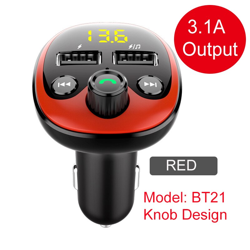 Modulador FM negro con Bluetooth 5,0, Chip QC3.0, Cargador rápido, USB Dual, TF, U Disk, reproductor de música, Kit de manos libres para coche: BT21-Red