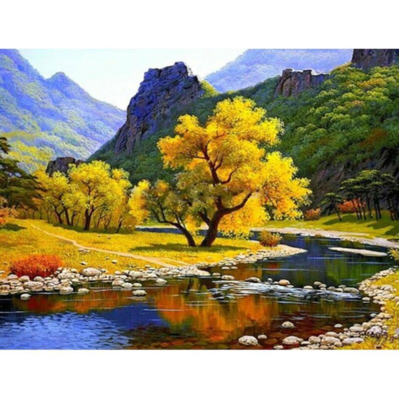 30*40cm 3D Round Diamond Autumn Mountain Tree Creek Diamond Cross Stitch Landscape Tree Diamond Painting: Default Title