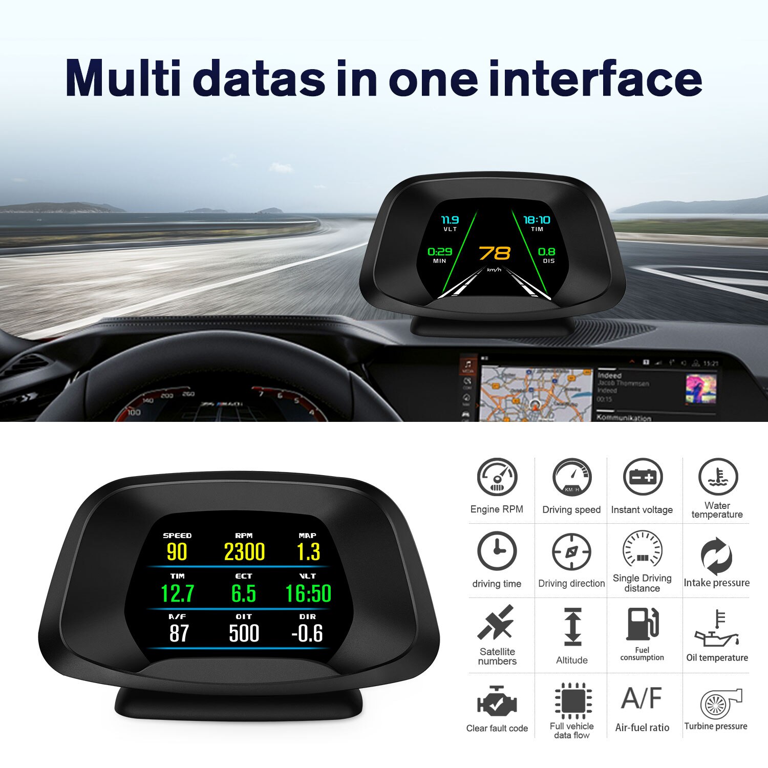 P19 Navigation Head Up Display With OBS GPS Dual System Multi HUD Alarm Function Suitable For All Models AI Intellengent HUD