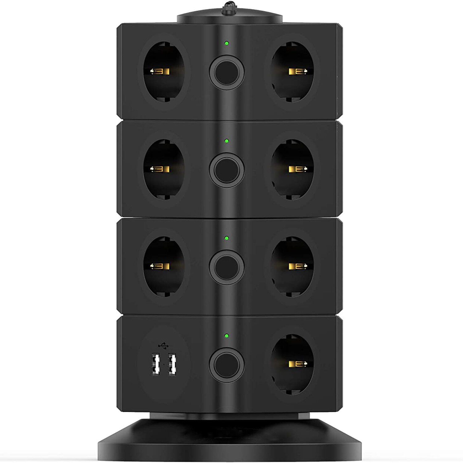 Power Strip Multiple Socket Distribution Connector 15 Way Outlets 2 USB Tower Surge Protection Individually Switchable 2500W 10A: Black