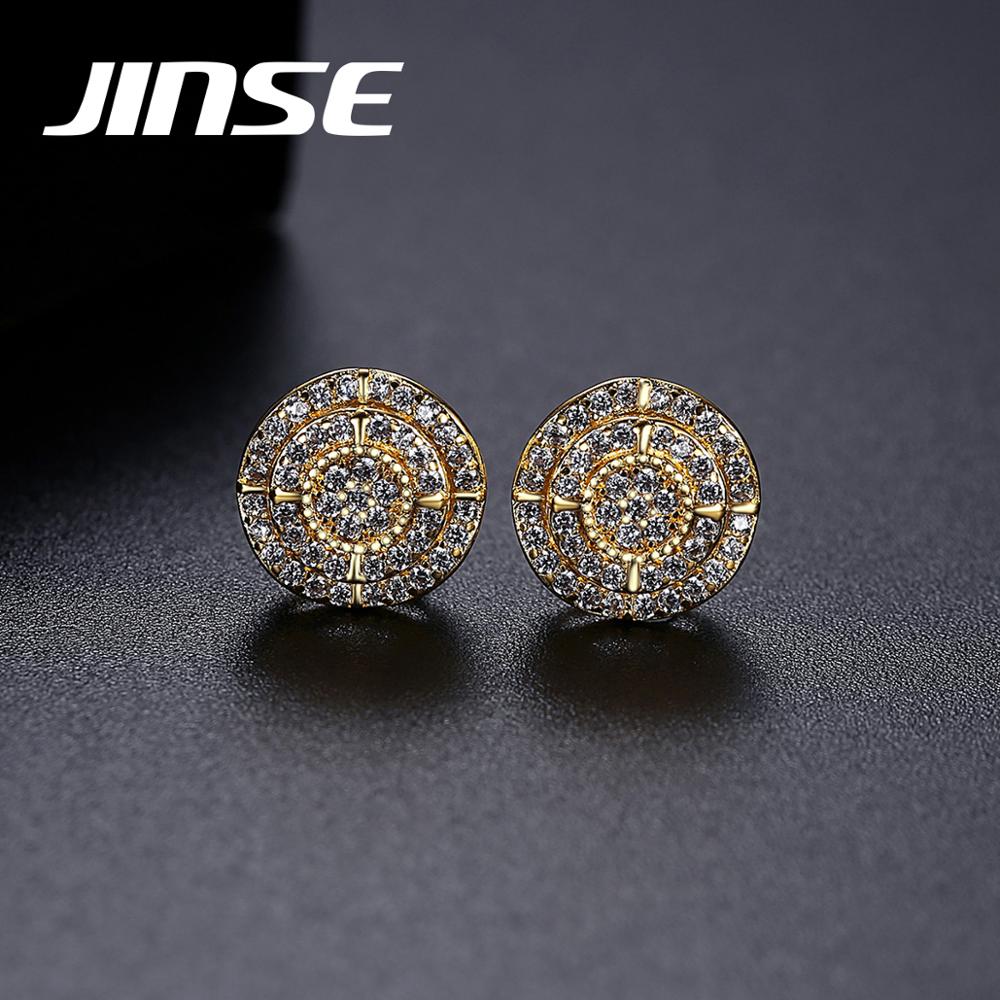 JINSE Gold Plated AAA Cubic Zircon Iced Out Stud Earrings For Men Women Round Shaped Clear CZ Hip Hop Jewelry trend