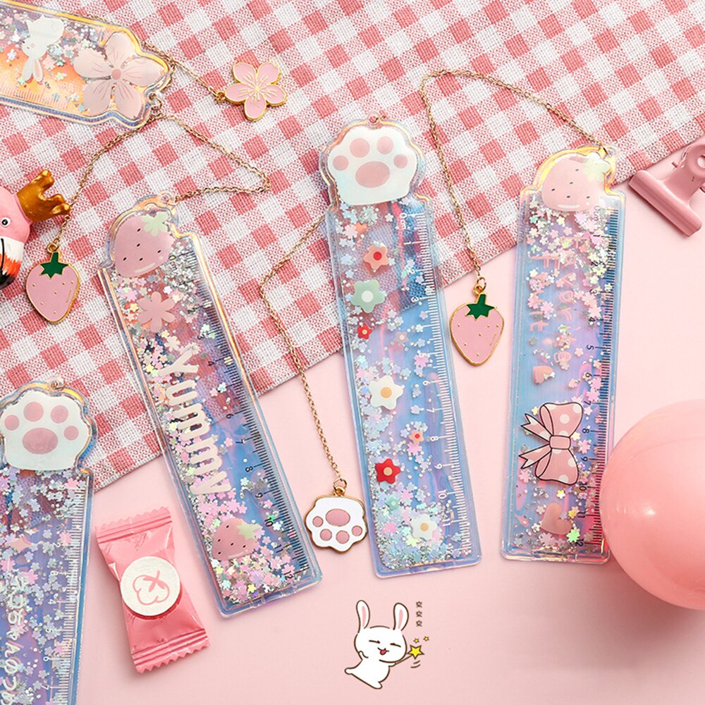 Cartoon Bookmark Drawing Ruler Cherry Flower Quicksand Plastic Ruler Measuring Straight Ruler Stationery Girl