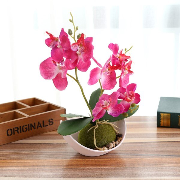Kunstig sommerfugl orkidé potteplanter silke blomst med plastik potter mos hjem balkon dekoration vase sæt bryllup dekorative: Rosenrød