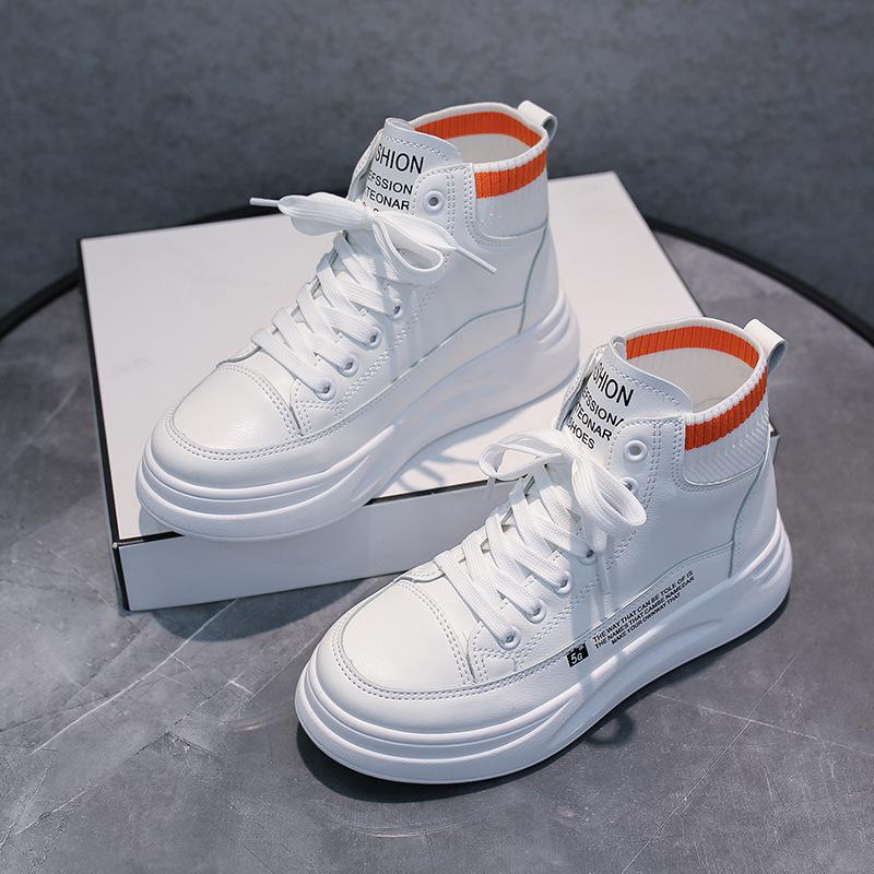 Frauen Turnschuhe Leder Plattform Schuhe Frühling Koreanische Weiße Turnschuhe Damen Spitze hoch hoch oben Turnschuhe Vulkanisierte Schuhe Frauen: Weiß / 8,5