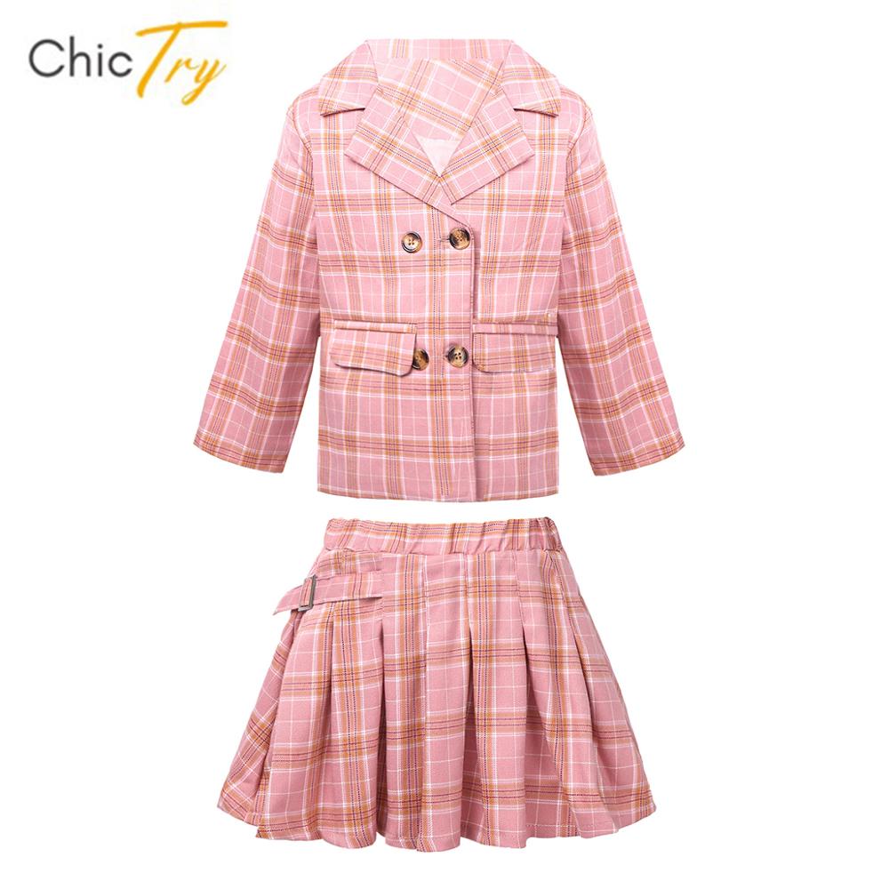 Kids Girls Clothes Set Plaid Suit School Uniform Long Sleeve Double-breasted Suit Top Pink Plaid Skirt Children Clothing Set