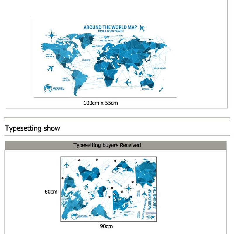 Waterproof 3d blue world map wall stickers office rooms decals decor wall art bedroom for home decorations wall decals