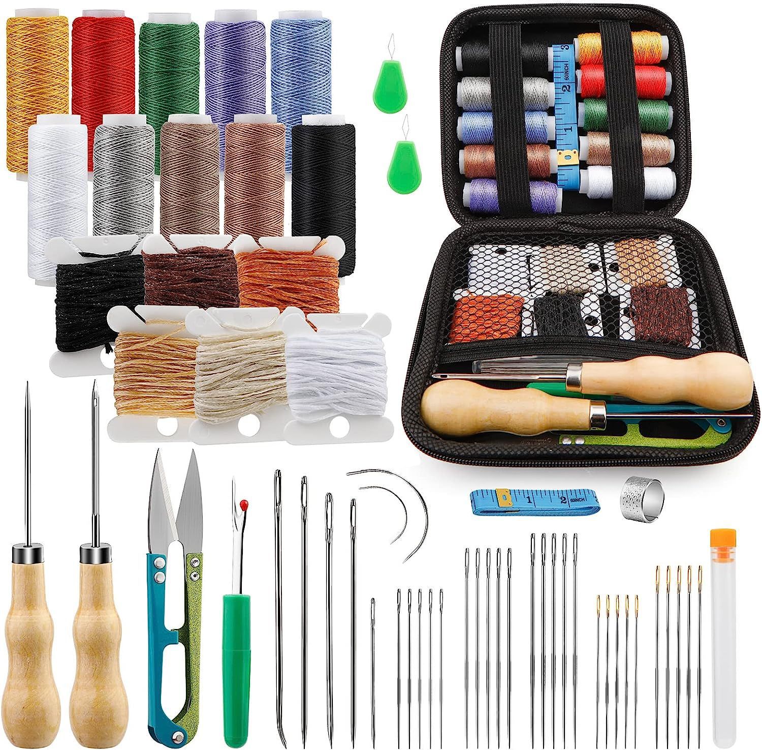 Zestaw narzędzi robić skóry, zestaw rzemieślniczy robić obróbki skóry z woskowaną nićą, szpikulcem robić szycia, igłami zakrzywionymi, naparstkiem, narzędzia robić naprawy dla początkujących i profesjonalistów.: śliwka
