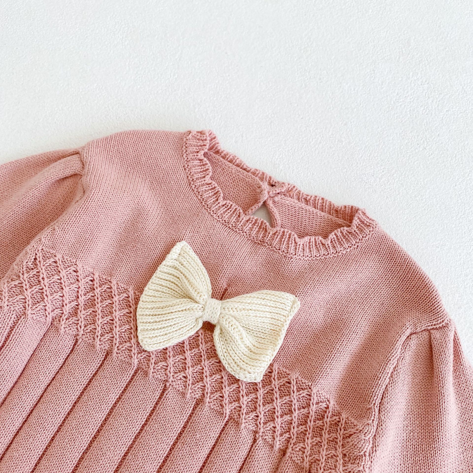 0-24m neugeborene Baby mädchen zur Seite fahren herbst Winter warme kleidung langarm schleife strickstrampler süßer Overall strickwaren