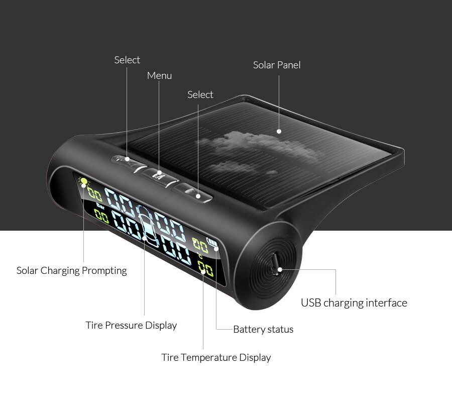 GERUIOU Smart Car Solar Power Car TPMS Bandenspanningscontrolesysteem Digitaal LCD-scherm Auto Alarmsystemen