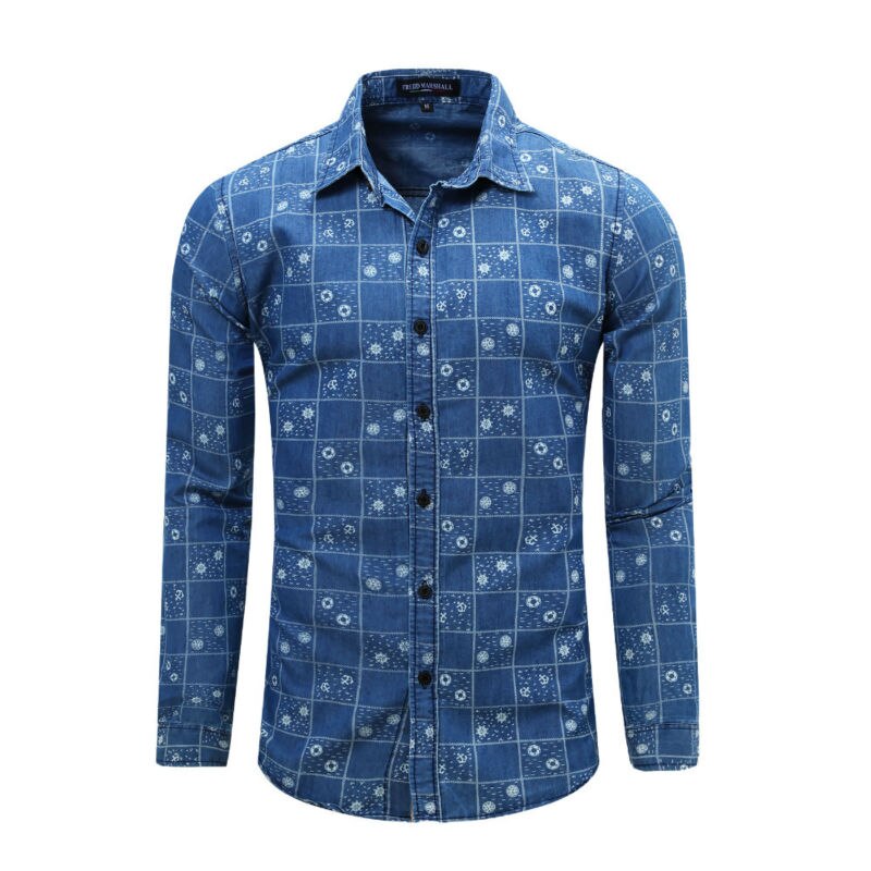 Jeansskjorta herrskjortor manliga långärmade jeans randiga och rutiga skjortor klassiska lediga prickiga toppar