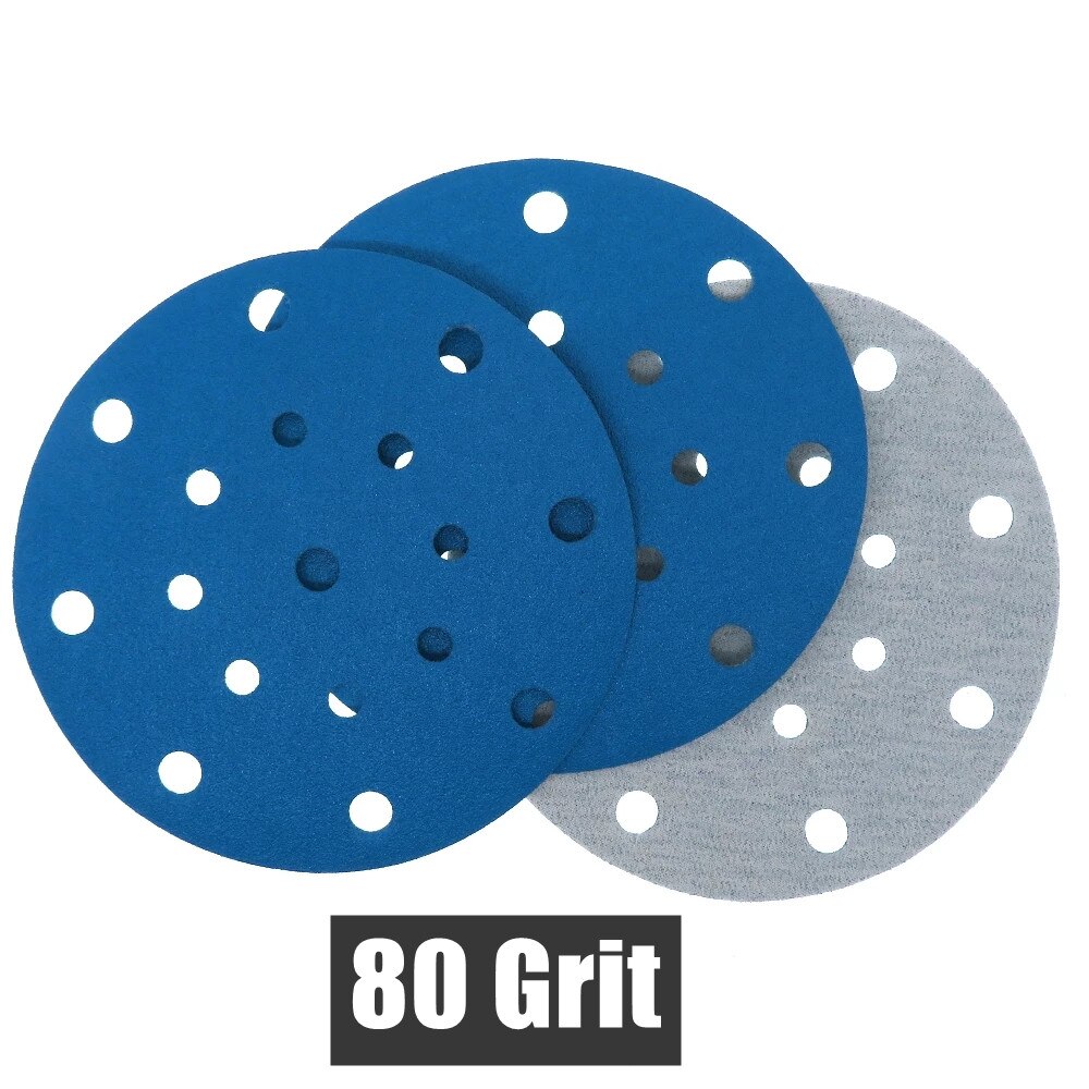 6 inch 17hole Dry Sandpaper Zirconium Corundum Film Blue Sand Sheets Hook and Loop Sanding Disc 40#-600# For car metal Plioshing: Gold