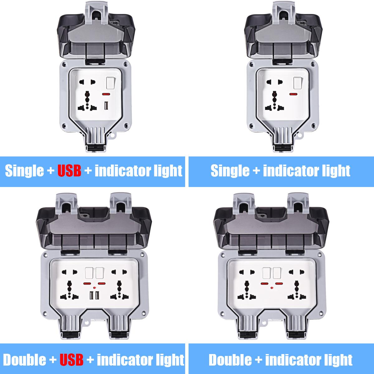 IP66 Weatherproof Waterproof Outdoor BOX Wall Socket 13A Double Universal / UK Switched Outlet With USB Charging Port