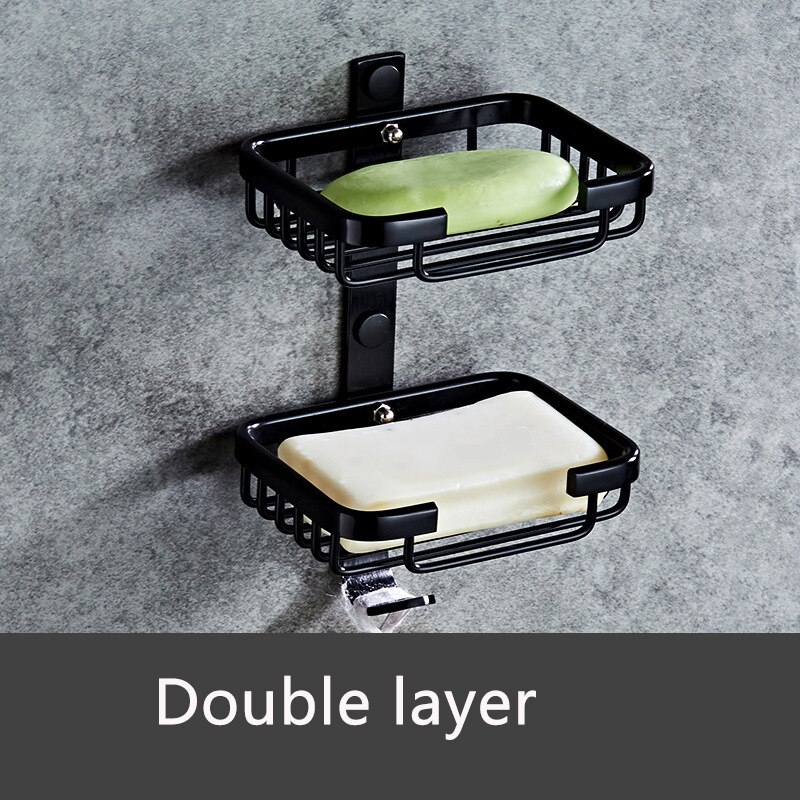 Shower Wall Soap Dish Holder, Wall Mounted Draining Soap Saver for Bathroom Tile - Rectangle Bar Soapdish with Perforation: Two layer-Black