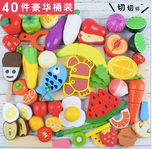 Wooden cutting fruit kitchen toy Food Toys Fruit Fish Vegetable Blocks Montessori preschool educational toy kids Birthday: 40pcs