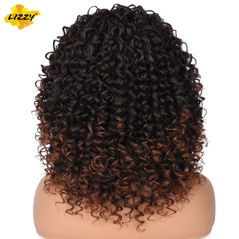 Kort Haar Synthetische Pruik Krullend Afro Pruiken Voor Zwarte En Witte Vrouwen Omber Lijmloze Natuurlijke Hoge Temperatuur Krullen 14Inch lizzy