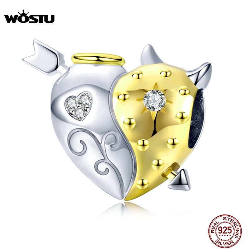 WOSTU Echt 925 Sterling Zilveren Angel & Devil Kralen Heart Gold Charms Hanger Fit Originele Armband Armbanden Sieraden Maken CTC107