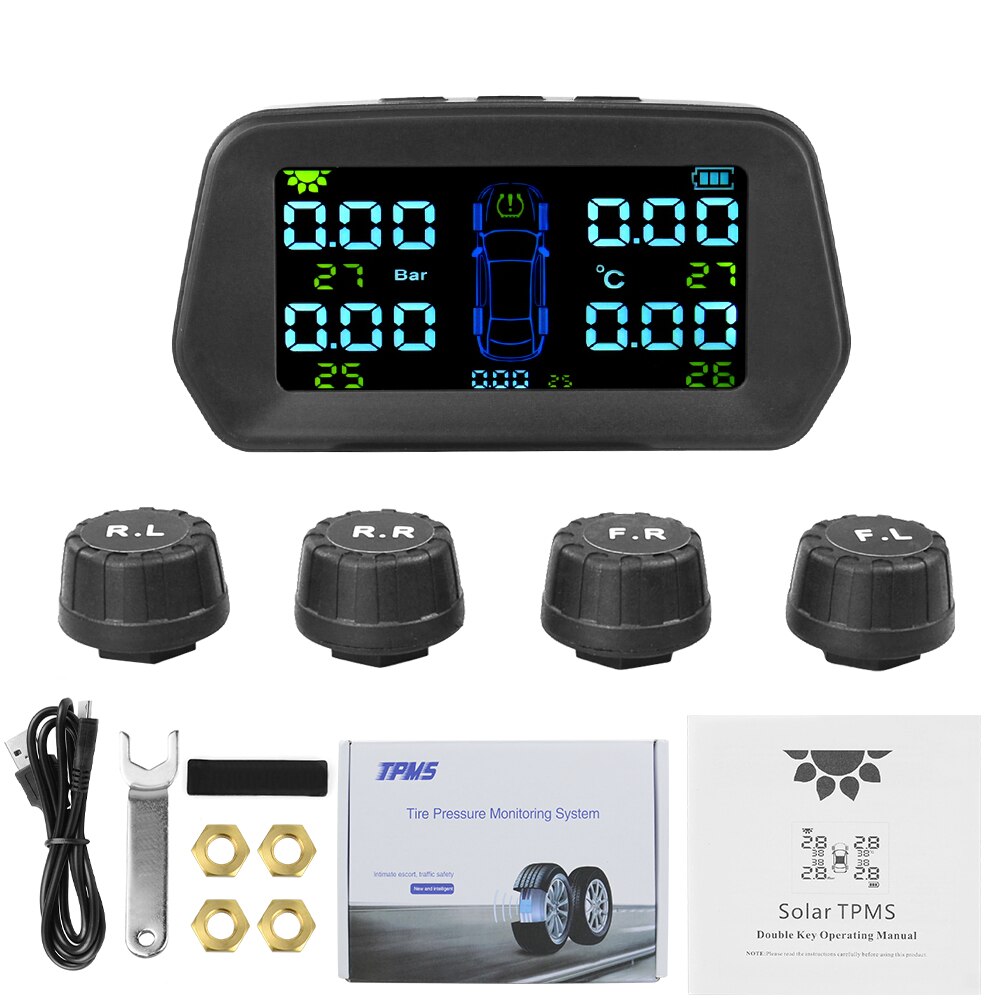 TPMS Tire Pressure Alarm Monitor Solar Power Tyre Pressure Monitoring System with 4 External Sensors Auto Alarm Security