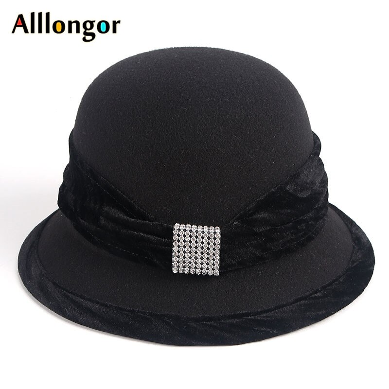 Red Bottom Fedora Hat Women French Autumn Winter Crystal Dome Cap Normal Wool Bowler Felt Hats Chapeau Femme Hiver: Black