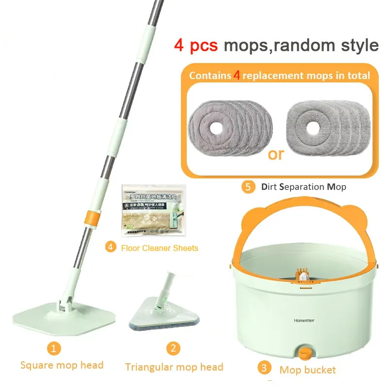 Trapeador giratorio con juego de cubo con 4 almohadillas de fregona reemplazables 360 ° Herramienta de fregonas de limpieza para el hogar, suelo perezoso de microfibra giratoria