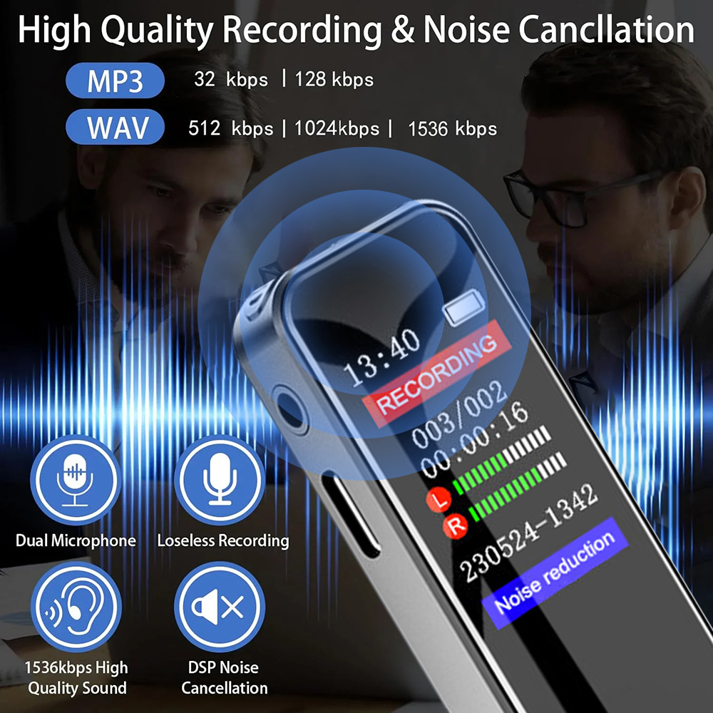 Gravador de áudio digital ativado por voz wav 1536kbps tipo-c gravação de longo tempo um botão para gravar ditaphone