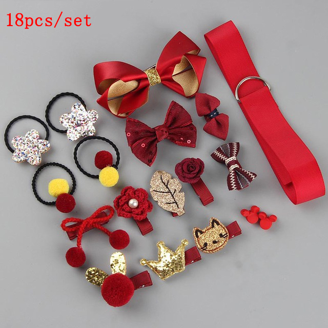 18pc Headwear Set Toys For Girls Children Accessories Ribbon Bow Hair Clip Hairpins Girl Princess Hairdress Beauty & Toy: Red 18PCS