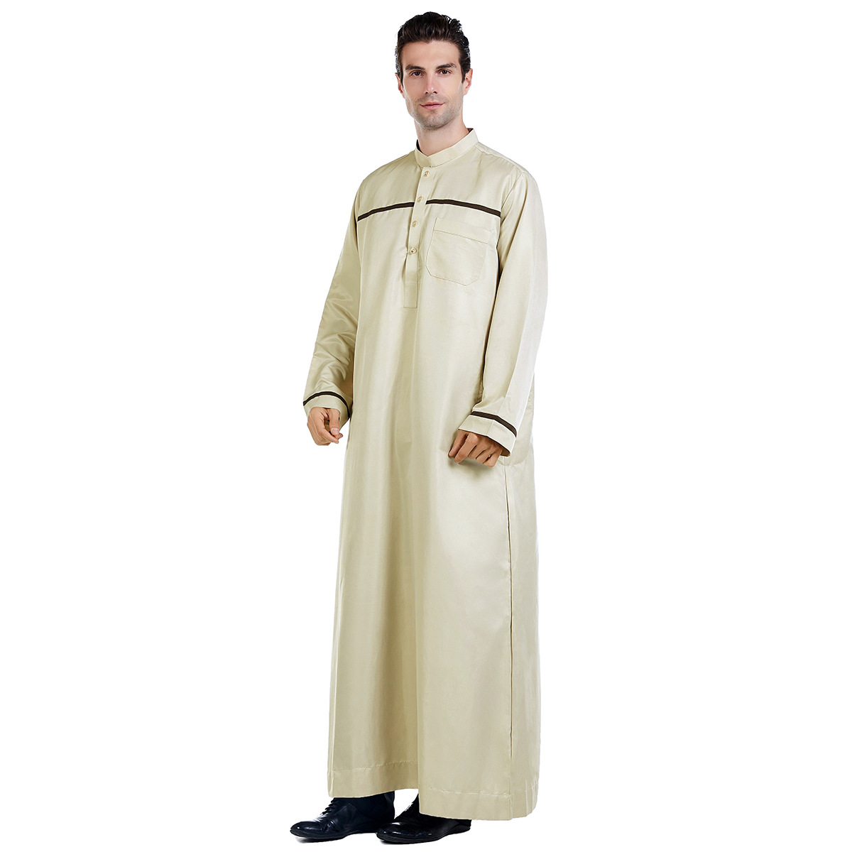 Ramadan thobe para homem muçulmano gola manga longa roupa arábia saudita islâmica poliéster robe maxi-muslim huui dubai abaya: XXXL / Marrom
