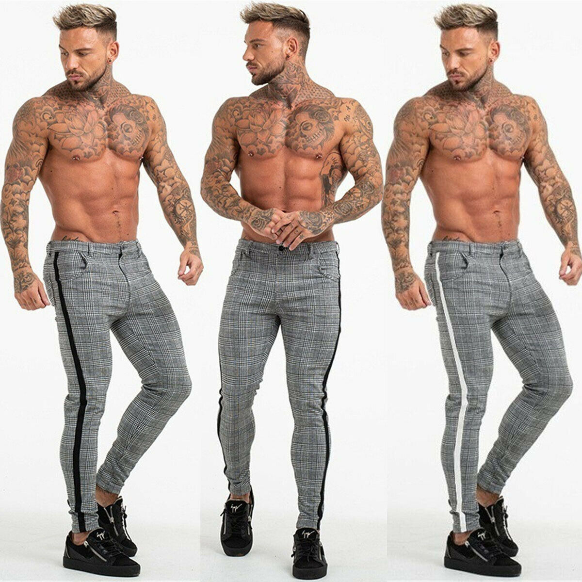 Mens Slim Fit Trousers Trainning & Exercise Pants Check Casual Pants Joggers Tartan Jogging Skinny Bottoms