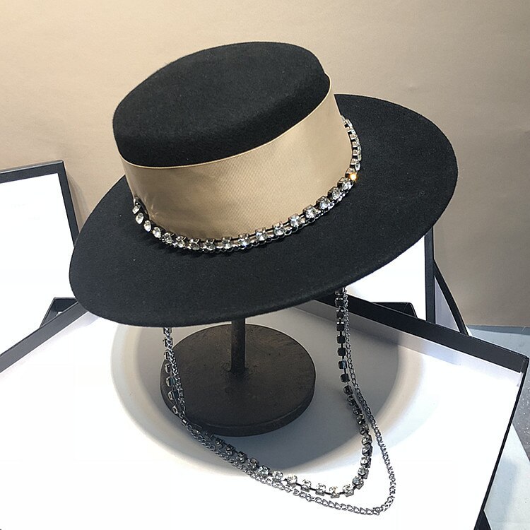 01908-jinri-67 Prominente mädchen Dame Metall Kette filzhüte kappe frauen formale abendessen Panama Hütte