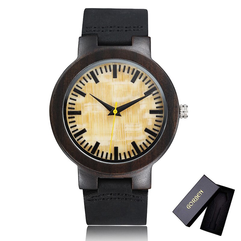 Houten horloge uniek geelgroene wijzerplaat polshorloge kwarts leren houten horloge heren dames romeinse cijfers casual klok: W024 met doos