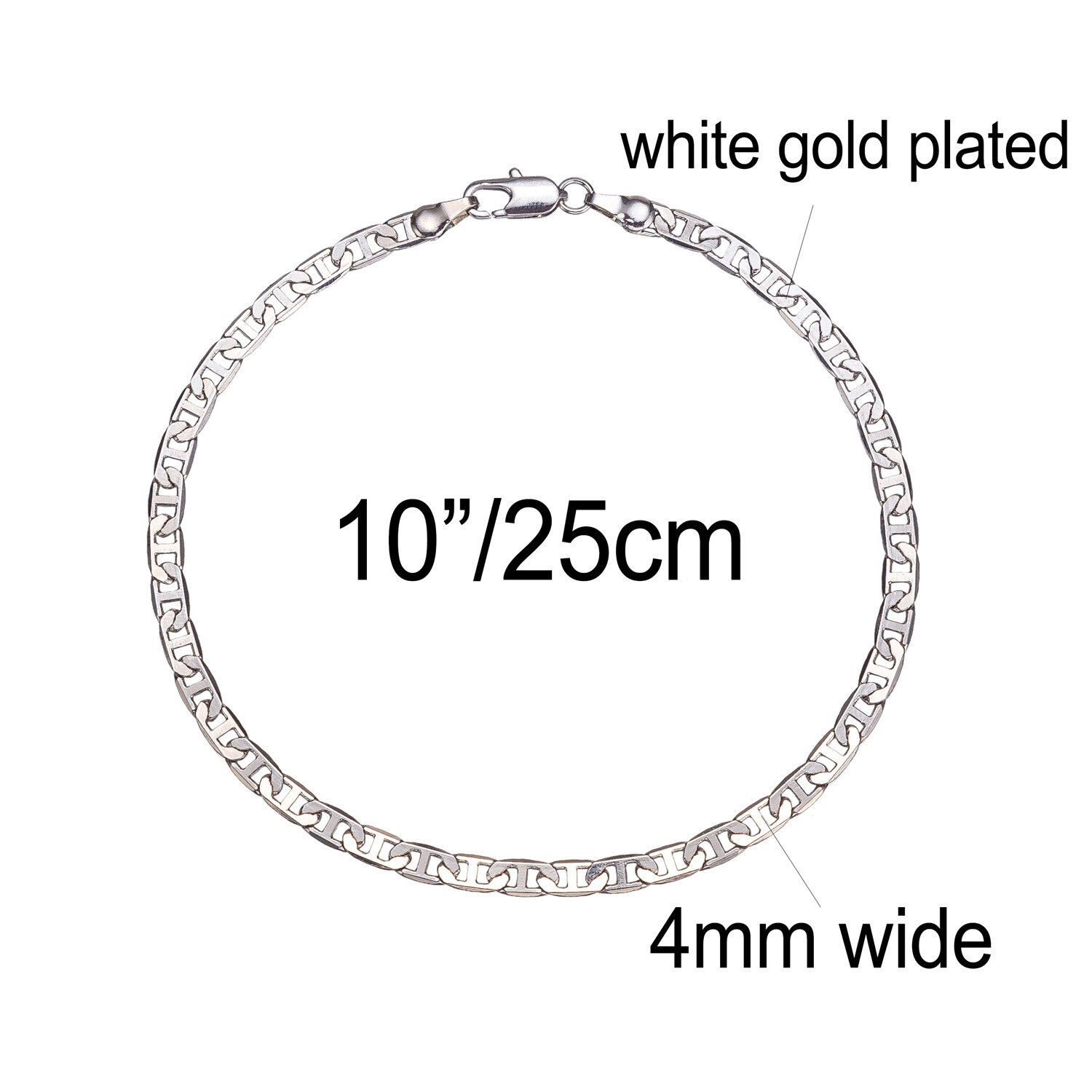 Cor do ouro/cor branca 4.2mm mariner link chain flat anklet, 9 10 11 polegadas tornozelo pulseira para mulher homem à prova dwaterproof água: white gold 10 inches