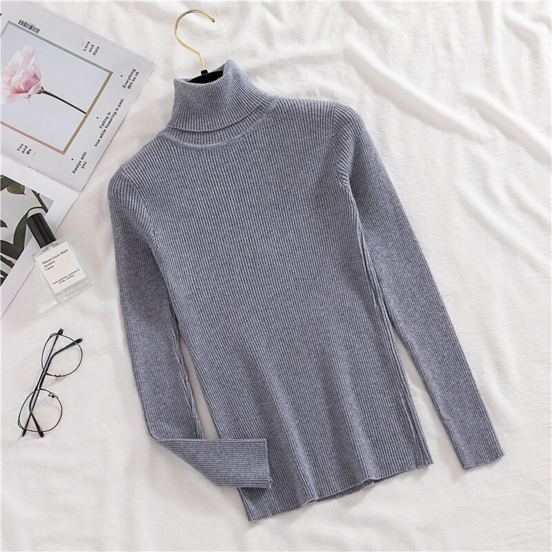 H.SA Autumn Basic Turtleneck Sweater Casual Soft Solid Jumper Korean Sweater Slim Femme Elasticity Winter Pullovers: LM8542  Grey