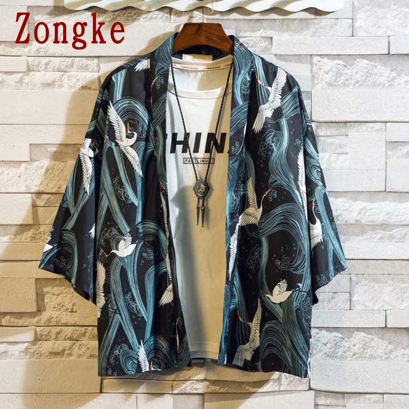 Zongke Kimono Cardigan Casual Shirt Men Slim Fit Japanese Kimono Men Shirt Male Blouse Brand Plus Size M-3XL