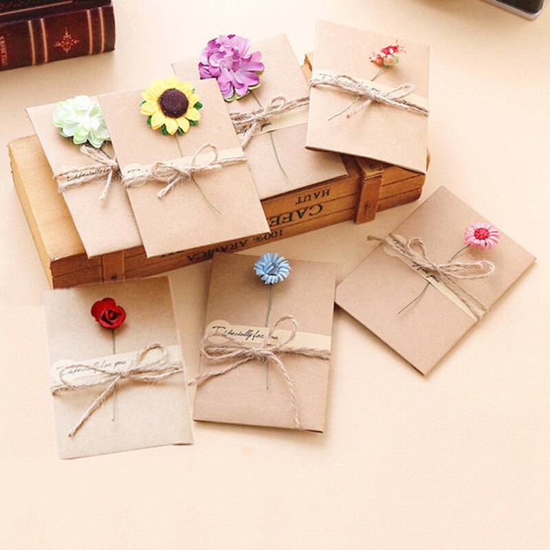1PC Retro DIY Kraft Paper Invitation Greeting Card with Envelope Handmade Dry Flower Wedding Party Invitation Envelopes