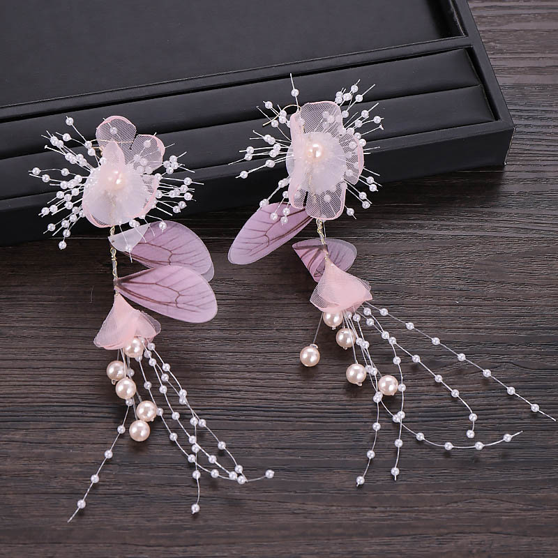 FORSEVEN Pink Yarn Flower Bride Hair Band Headpiece Handmade Earring Bridal Tiaras Crown Wedding Hair Accessories Jewelry Set JL