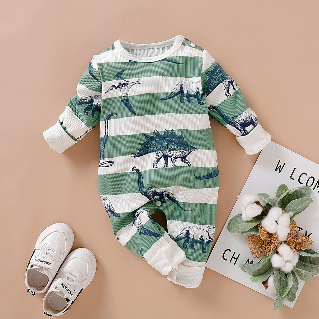 Fall Winter Infant Baby Romper Jumpsuit Boy Girls Long Sleeve Dinosaur Striped Print Romper Jumpsuit Clothes A1