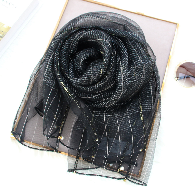 Lyx massivt guld silke silke scarf för kvinnor sjalar pashmina flickor halsdukar wrap bandana foulard hijab: 6 svarta