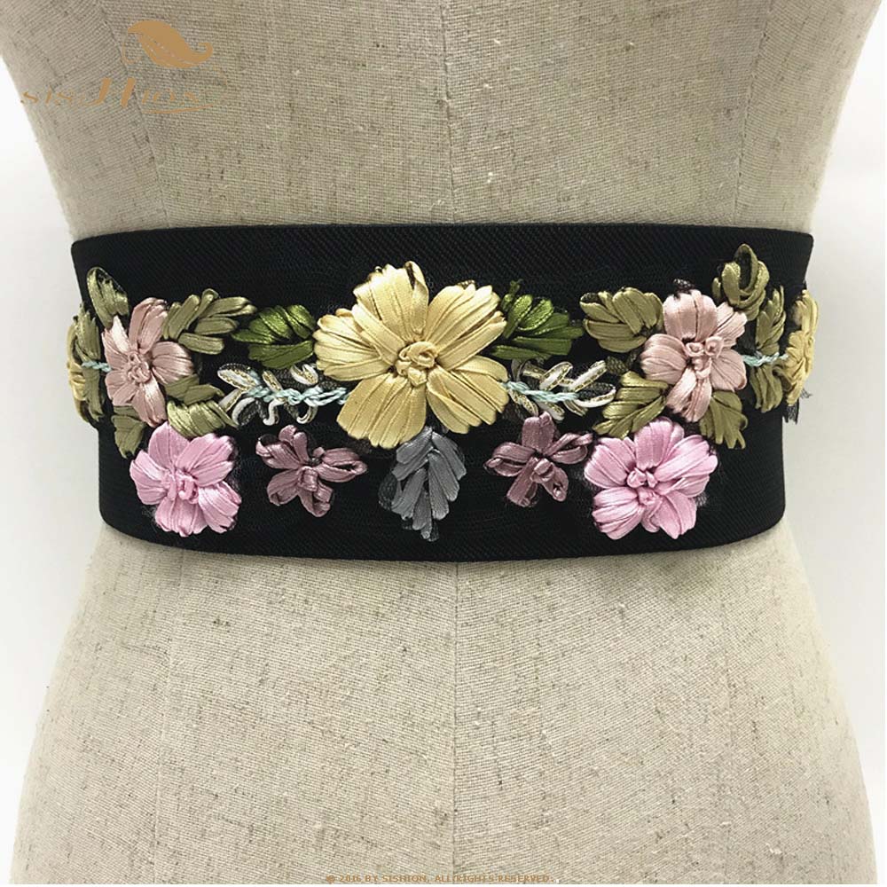 SISHION Embroidered Black Women Belt VD1229 Flower Floral Waist Corset Beautiful Stretch Elastic Waistband Wide