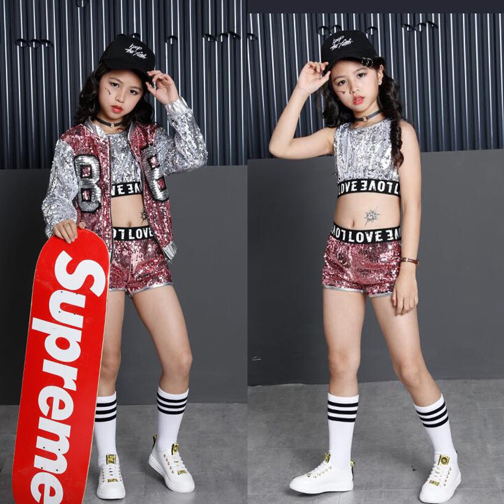 Costume de concours de danse Jazz Hip Hop pour filles, débardeur, short, veste, manteau pour enfants, vêtements de scène