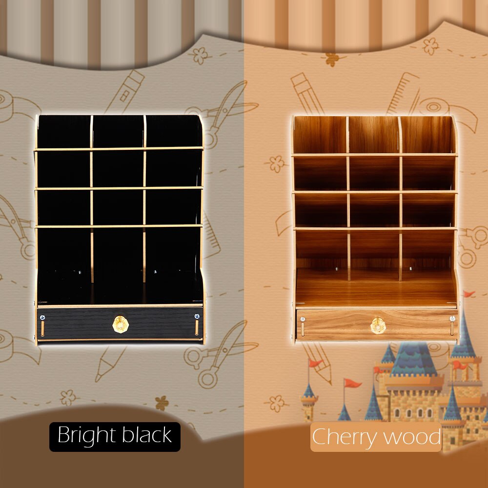 Multi-Function File Tray Wood 13 Grids Desktop Stand Holder Cosmetic Brush Storage Box for Pencil Pen Cosmetic Brush Jewelry