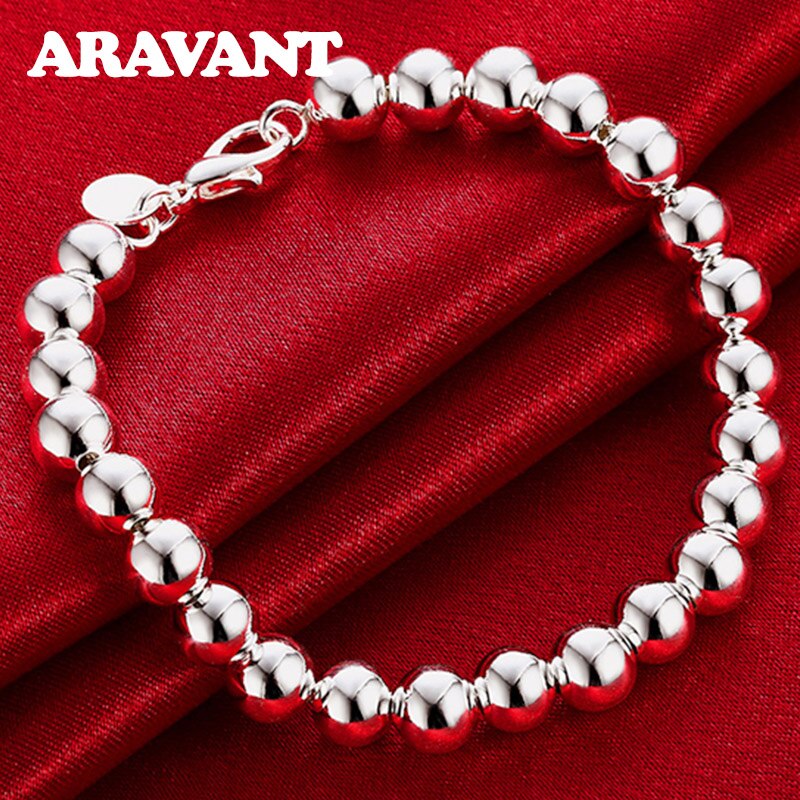 925 Silver 8MM Smooth Bead Bracelets Chains For Women Men Jewelry