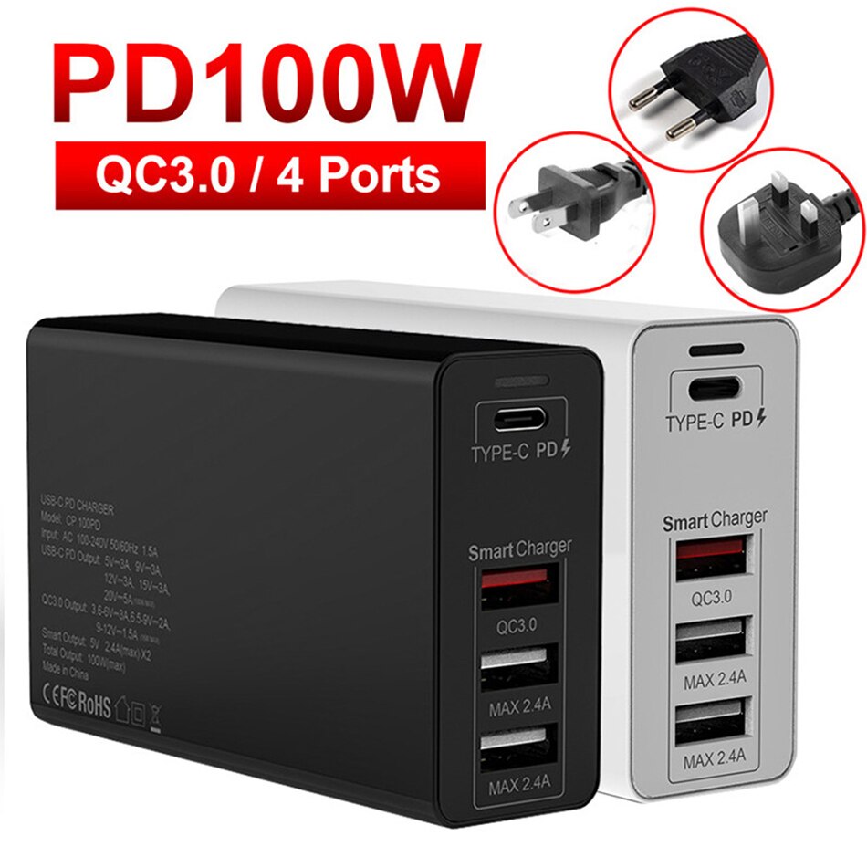 UTBVO 100W 4-port Power Adapter PD100W/65W/45W/18W QC3.0/PPS Charger 5A E-MARK USB C Cable For USB-C Laptops MacBookPro iPhone12