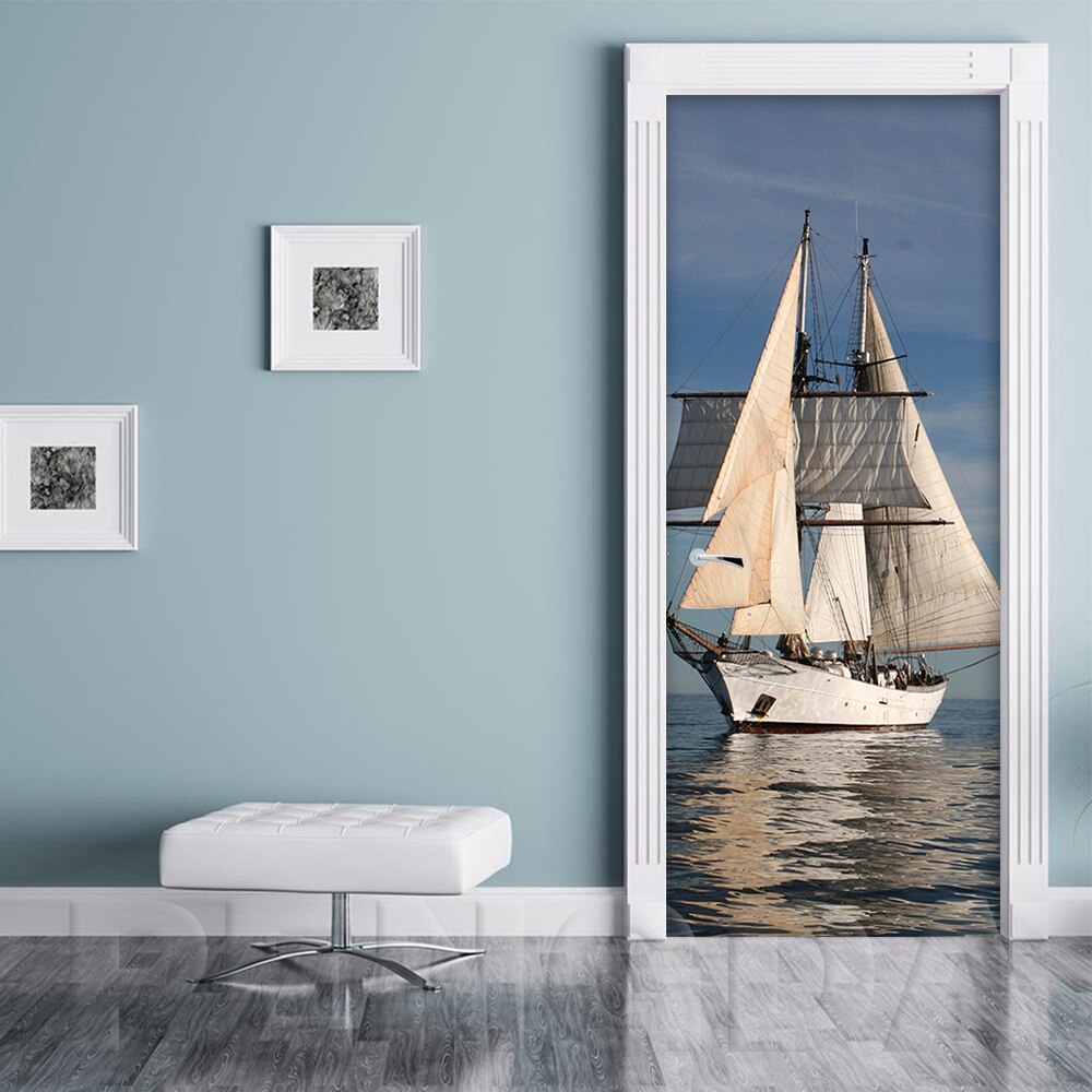 3d tryck klistermärke konstverk segelbåt havsutsikt bild självhäftande dekal heminredning vattentätt papper vardagsrumsdörr affisch: Dörr xjnn 5789-02 / 77 x 200cm
