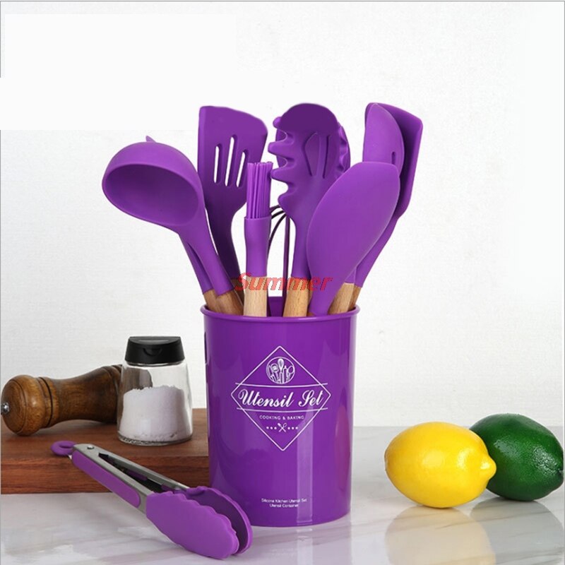 Purple Silicone Cooking Utensils Set Non-stick Spatula Shovel Wooden Handle Cooking Tools Set Special Heat-resistant