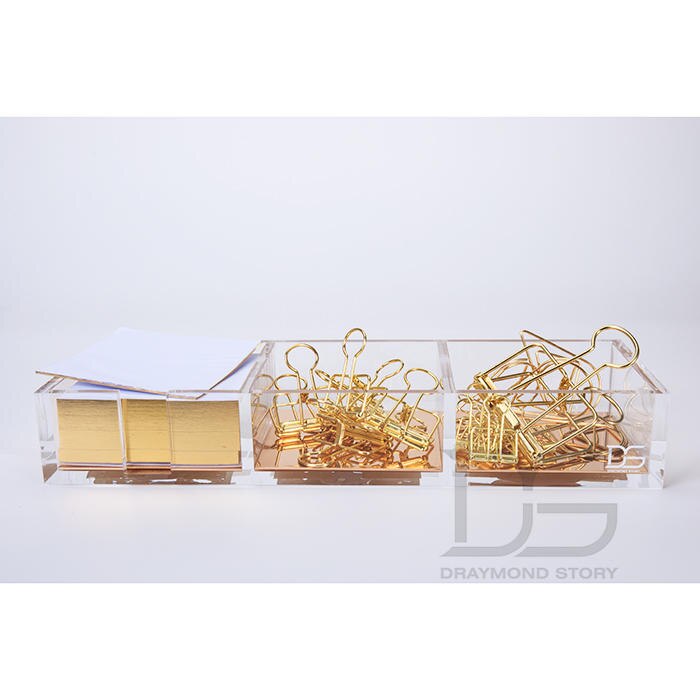 High - end acrylic three - cell notes box transparent transparent metal lattice office stationery Office supplies set