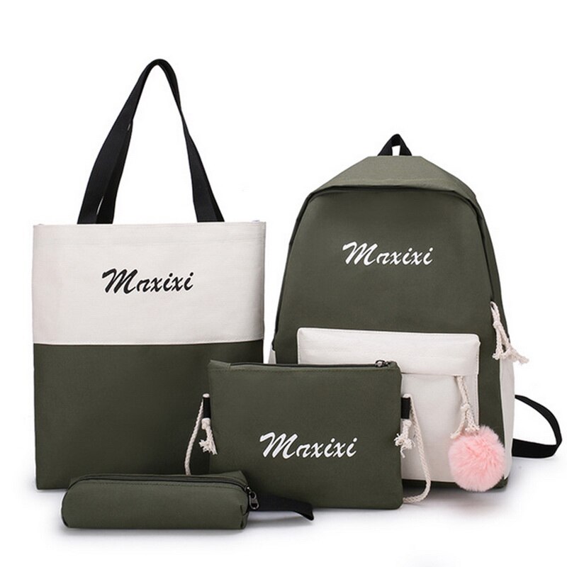 5 Delige Set Vrouwen Nylon Rugzak Snoep Kleur Waterdichte Schooltassen Tieners Meisjes Patchwork Rugzak Vrouwelijke Rugzak Mochila: Green 3(4 pcs)