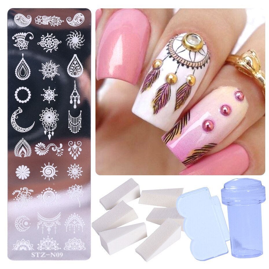 Pochoir pour ongles en dentelle, motifs de fleurs, papillons, feuilles, images d'animaux, tampons, grattoir, éponge, Kit d'outils BESTZN01-12: STZ-N09 Stamper Set